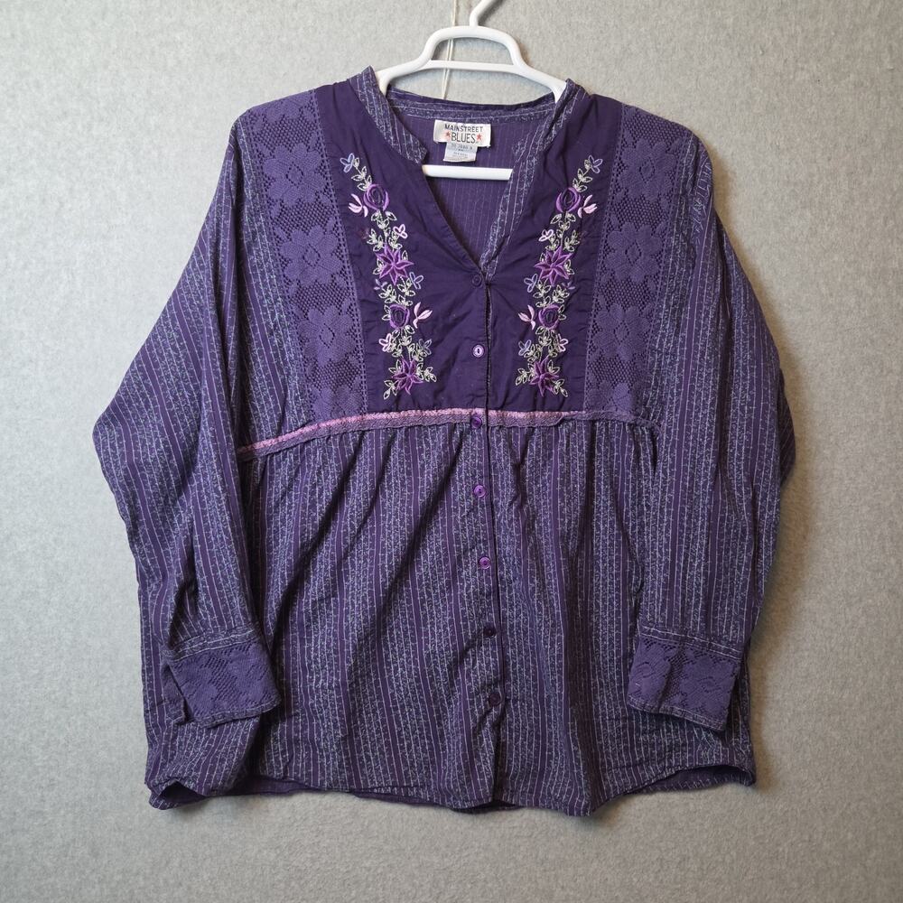 Mainstreet Blues Cotton Purple Floral Embroidered LS Button Up Tunic Plus 3X